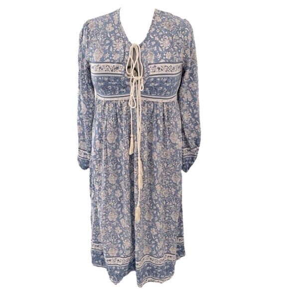 R. Vivimos blue and white floral long elastic sleeve Dress, tassel closure, Sz S - Picture 4 of 13